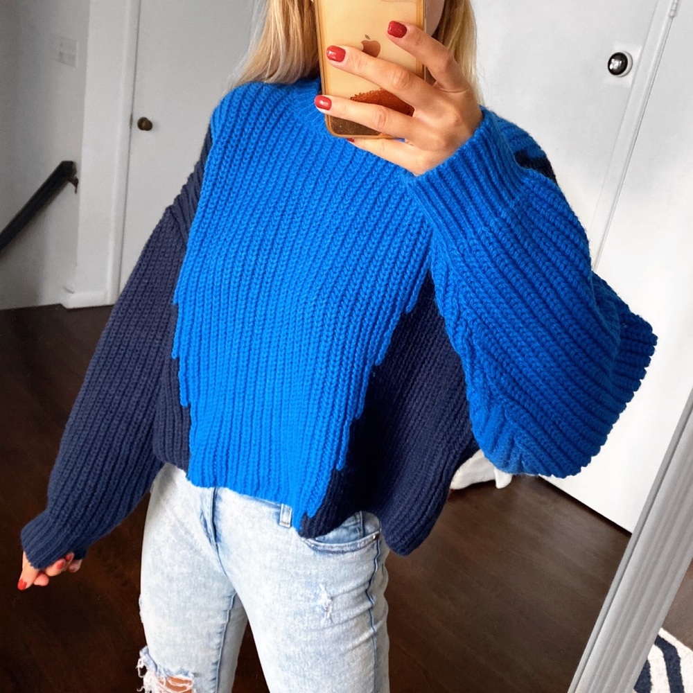 💙 ZARA BLUE NAVY COLOR BLOCK CHUNKY KNIT CROPPED JUMPER! - Picture 6 of 12